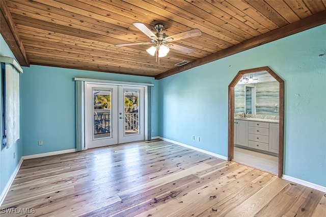 empty room with french doors, light wood-type flooring, ceiling fan, sink, and wooden ceiling