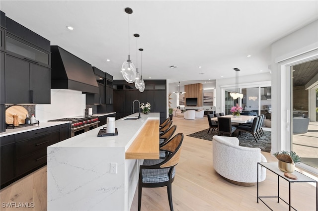 kitchen featuring pendant lighting, double oven range, premium range hood, light wood-type flooring, and tasteful backsplash