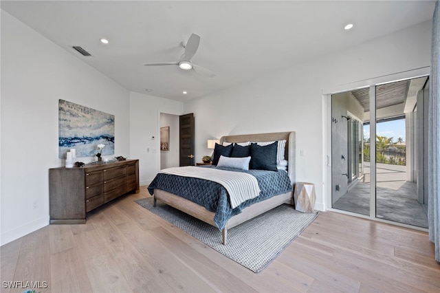 bedroom featuring access to outside, ceiling fan, and light wood-type flooring