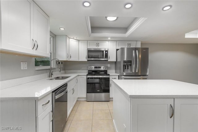 kitchen featuring a raised ceiling, stainless steel appliances, white cabinetry, and sink