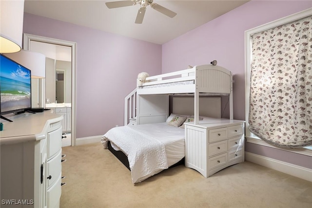 bedroom with light colored carpet and ceiling fan