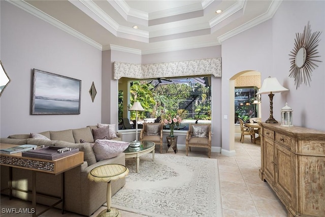 living room with light tile patterned flooring and ornamental molding