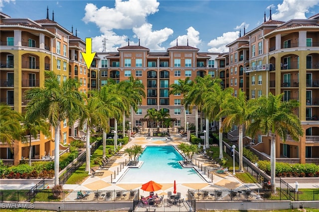 view of pool featuring a patio