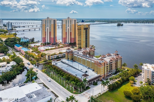 bird's eye view with a water view