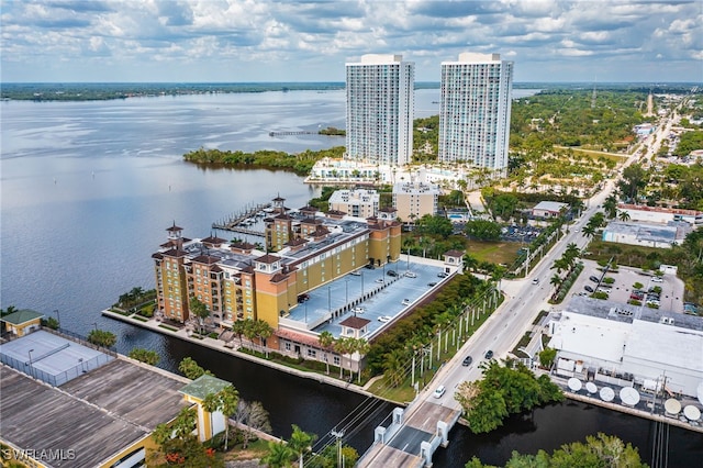 drone / aerial view featuring a water view