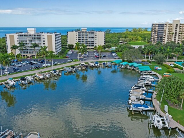 drone / aerial view with a water view