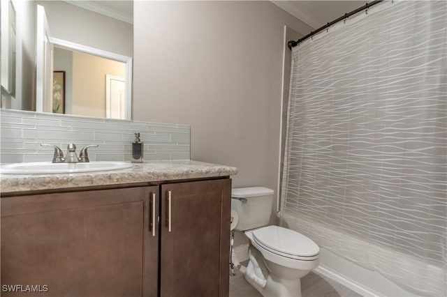 full bathroom with decorative backsplash, shower / bath combination with curtain, vanity, crown molding, and toilet