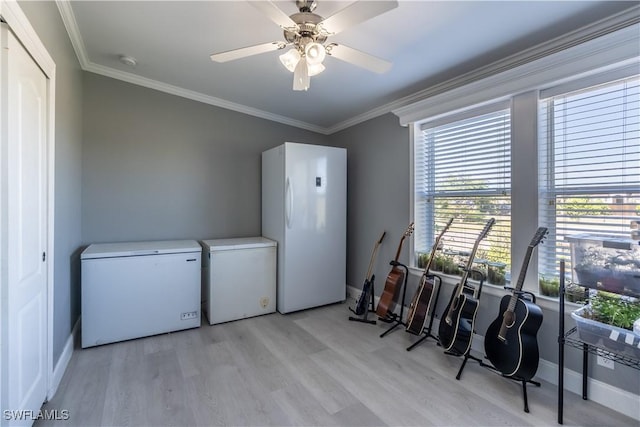 laundry area with ceiling fan, light hardwood / wood-style floors, ornamental molding, and washing machine and clothes dryer