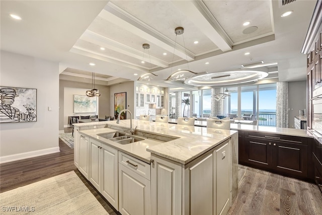 kitchen featuring sink, light stone countertops, an island with sink, a tray ceiling, and wood-type flooring