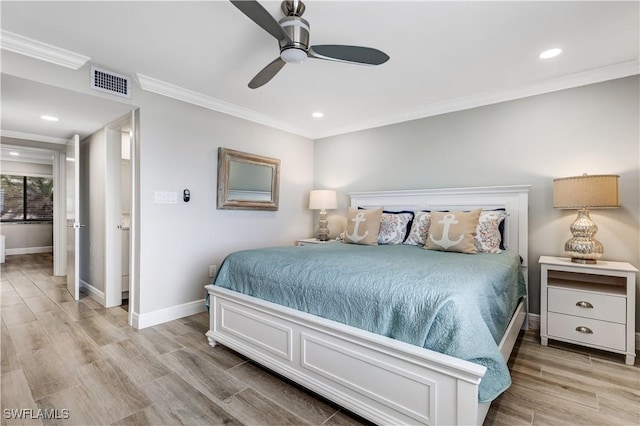 bedroom with light hardwood / wood-style flooring, ornamental molding, and ceiling fan