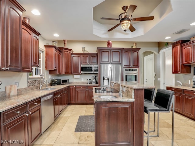 kitchen with sink, a tray ceiling, a kitchen island, a kitchen bar, and stainless steel appliances