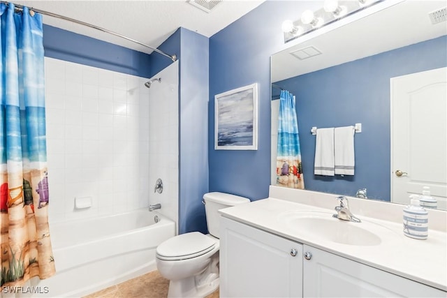 full bathroom featuring shower / tub combo, visible vents, toilet, tile patterned flooring, and vanity