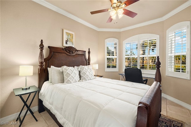 tiled bedroom featuring ceiling fan and crown molding