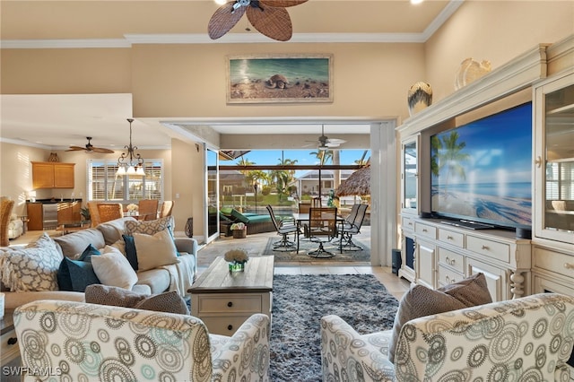 tiled living room with plenty of natural light and ornamental molding