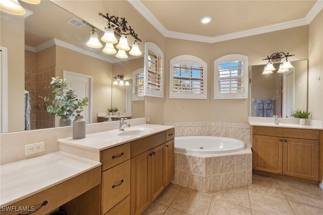 bathroom with tile patterned flooring, vanity, plus walk in shower, and ornamental molding