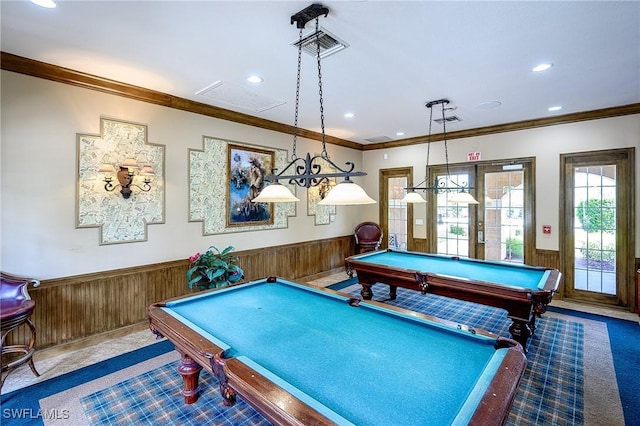 playroom featuring wood walls, carpet, ornamental molding, and billiards