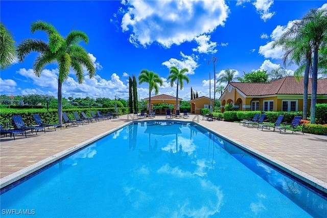 view of swimming pool featuring a patio area