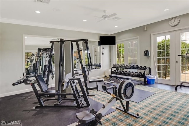 workout area featuring ceiling fan, french doors, and ornamental molding