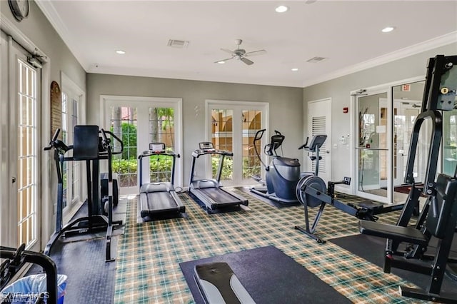 gym with french doors, ceiling fan, and crown molding