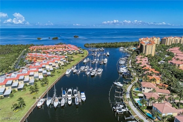 drone / aerial view featuring a water view