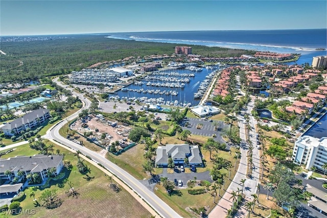 drone / aerial view featuring a water view