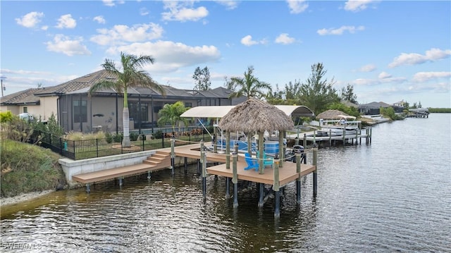 dock area with a water view