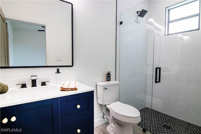 bathroom featuring vanity, toilet, and a shower with shower door