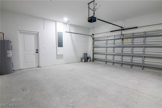 garage with a garage door opener, electric panel, and water heater