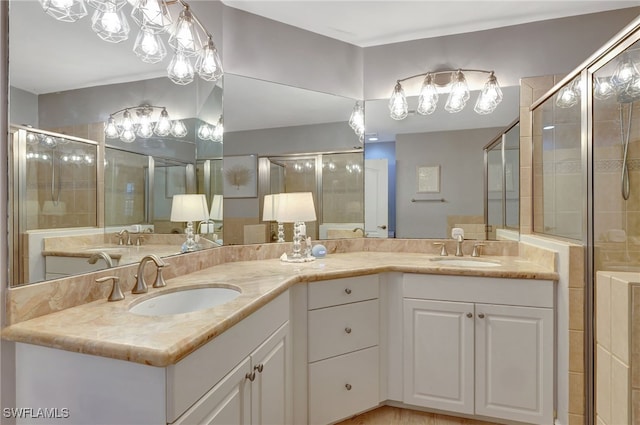 bathroom featuring vanity and a shower with shower door