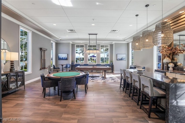 rec room with dark hardwood / wood-style floors, ornamental molding, and pool table