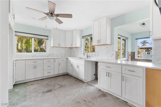 kitchen featuring tasteful backsplash, white cabinetry, a wealth of natural light, and sink