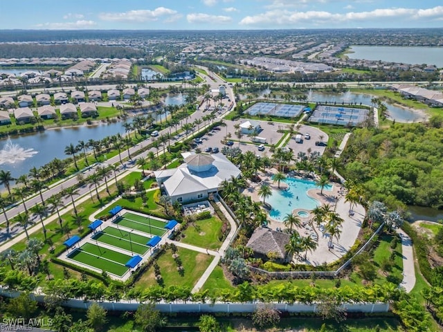 aerial view featuring a water view