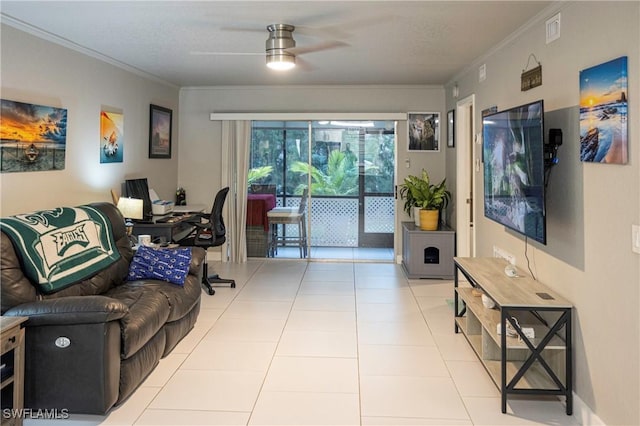 tiled living room featuring ceiling fan and crown molding