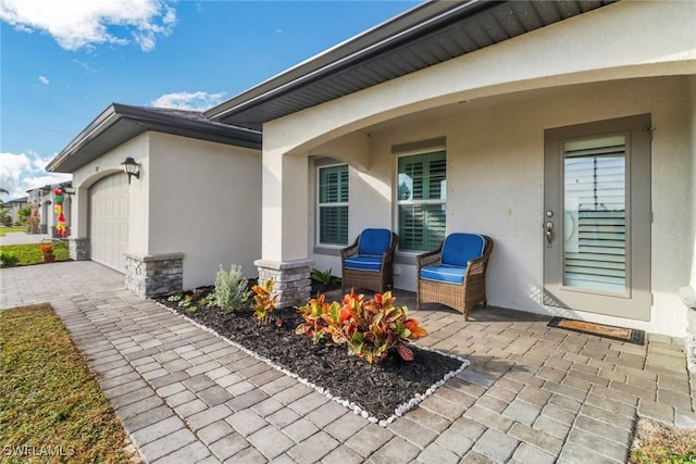 view of patio featuring a garage