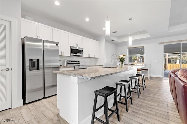 kitchen with a center island with sink, sink, stainless steel appliances, and a tray ceiling