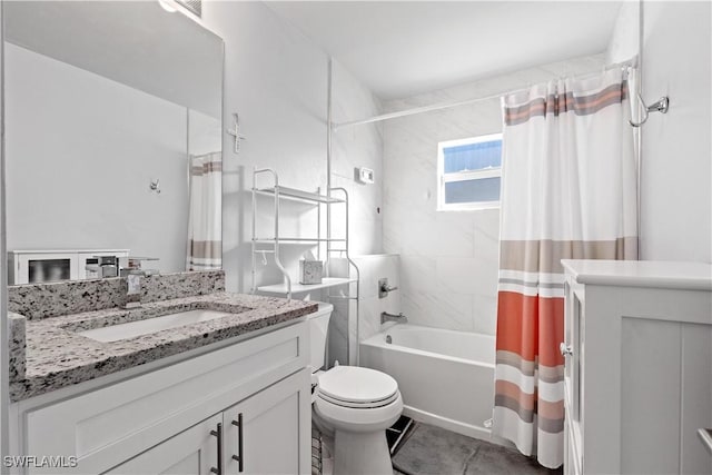 full bathroom featuring tile patterned flooring, vanity, toilet, and shower / bathtub combination with curtain