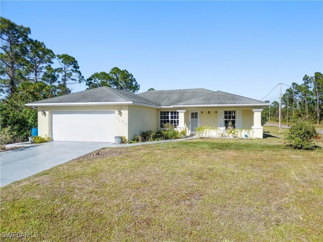 single story home with a garage and a front lawn