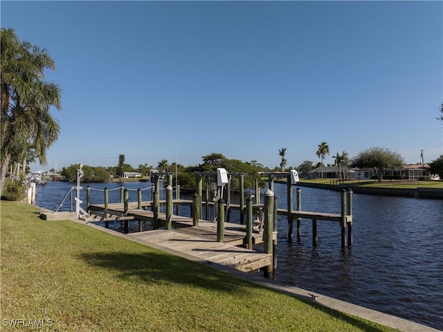 view of dock featuring a water view and a lawn