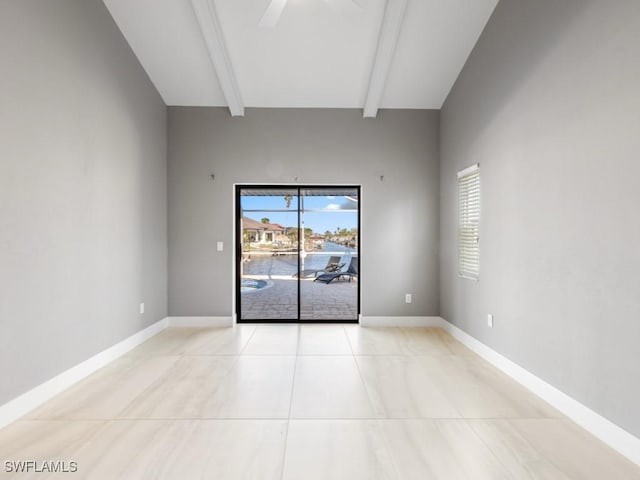 tiled empty room featuring beam ceiling, ceiling fan, and high vaulted ceiling