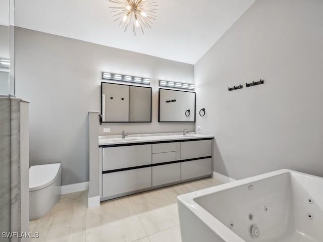 bathroom featuring a bathtub, vanity, a notable chandelier, tile patterned flooring, and lofted ceiling