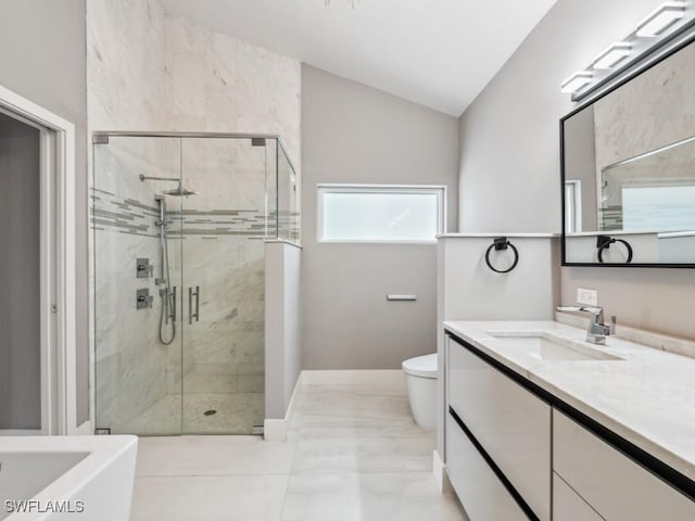 bathroom with vanity, a shower with door, tile patterned floors, vaulted ceiling, and toilet