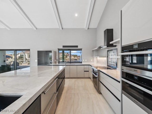 kitchen with light stone countertops, plenty of natural light, wall chimney range hood, and appliances with stainless steel finishes