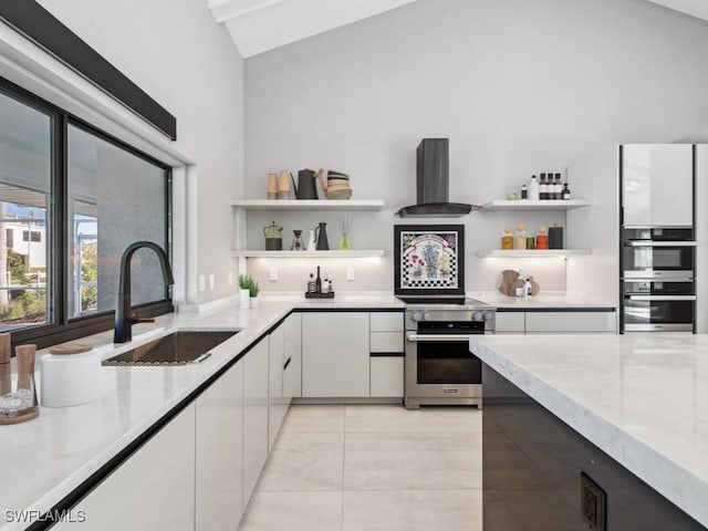 kitchen featuring appliances with stainless steel finishes, ventilation hood, sink, high vaulted ceiling, and white cabinets