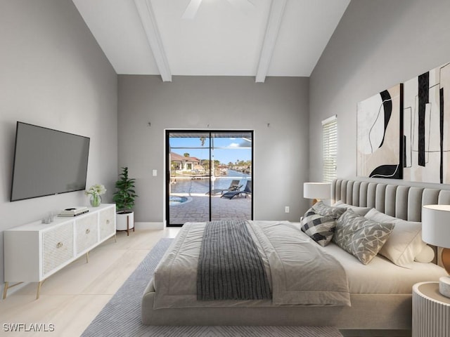 tiled bedroom with beamed ceiling, ceiling fan, high vaulted ceiling, and access to outside