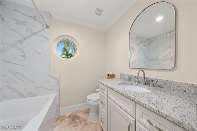 full bath with baseboards, visible vents, toilet, ornamental molding, and vanity