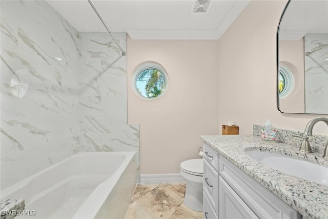 full bathroom featuring marble finish floor, visible vents, toilet, vanity, and baseboards