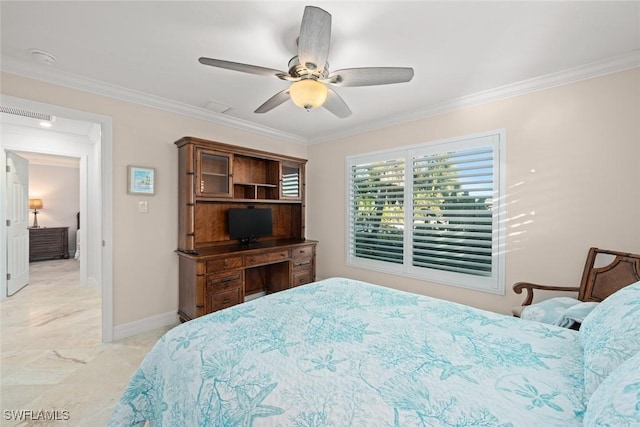 bedroom featuring marble finish floor, ornamental molding, a ceiling fan, and baseboards