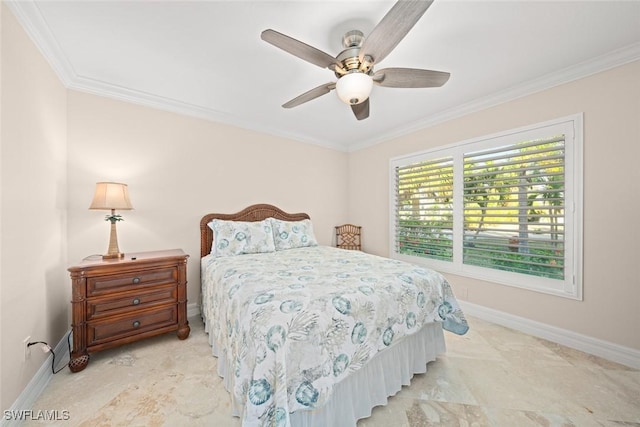 bedroom with crown molding, a ceiling fan, and baseboards