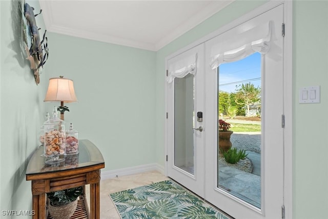 doorway to outside featuring light tile patterned floors, baseboards, crown molding, and french doors