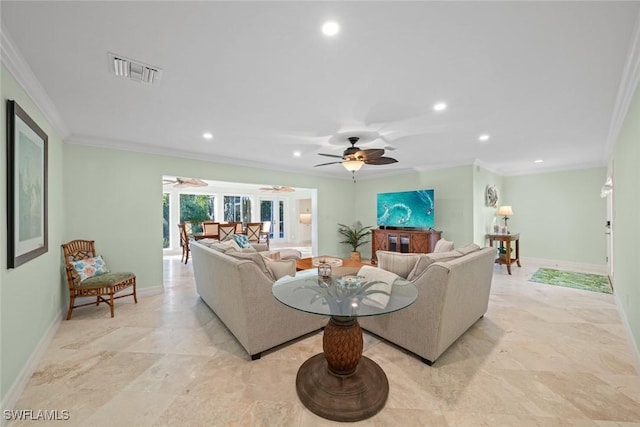 living room featuring baseboards, recessed lighting, visible vents, and crown molding